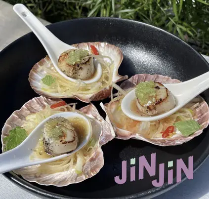 Seared scallops with green sauce at Jin Jin Matakana restaurant
